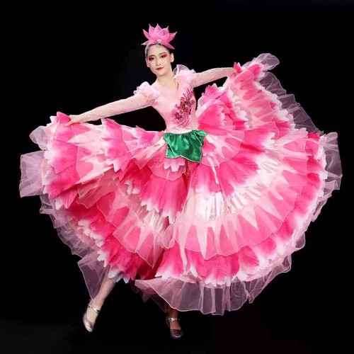 Pink flowers petals flamenco dance dresses for women girls paso double spanish bull dance swing skirts opening choir ballroom dance costumes for female